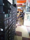 Computer cpus ready for sale in shop. Partially blurred background