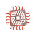Computer cpu icon in comic style. Circuit board cartoon vector illustration on white isolated background. Motherboard chip splash Royalty Free Stock Photo