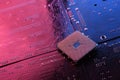 Computer cpu processor chip on circuit board ,motherboard background. Close-up. With red-blue lighting Royalty Free Stock Photo