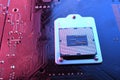 Computer cpu processor chip on circuit board ,motherboard background. Close-up. With red-blue lighting Royalty Free Stock Photo