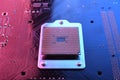 Computer cpu processor chip on circuit board ,motherboard background. Close-up. With red-blue lighting Royalty Free Stock Photo