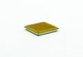 Computer CPU processor closeup, visible gold pins, isolated on white background with clipping path.