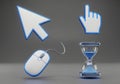 Computer cursors and hourglass icons representing digital interaction and time Royalty Free Stock Photo