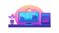 Computer Data Analytics Dashboard with a Sunset Background, vector design Generative AI Royalty Free Stock Photo