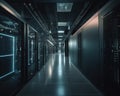 Computer data center room facility with server racks. Storage solutions. cloud storage servers. Generative Ai