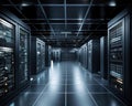 Computer data center room facility with server racks. Storage solutions. cloud storage servers. Generative Ai
