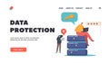 Computer Data Protection Landing Page Template. Male Character Work on Protected Laptop with Strong Password