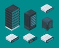 Computer data storage shelves. Server equipment it technology network hardware tools router vector isometric set