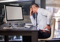 Computer, desk and business man with back pain in office from anatomy emergency or bad posture. Corporate, burnout or Royalty Free Stock Photo