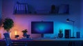 A computer desk displaying a monitor and speakers, creating a functional and efficient home office setup Royalty Free Stock Photo