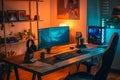 A computer desk featuring a monitor, keyboard, and mouse in a functional setup, A home office setup including noise-cancelling Royalty Free Stock Photo