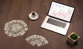 Computer desk with laptop and red arrow chart in screen Royalty Free Stock Photo