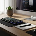 A computer desk setup featuring a mechanical keyboard with vibrant RGB Royalty Free Stock Photo