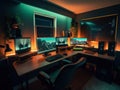A computer desk with two monitors and a keyboard. AI generative image. Royalty Free Stock Photo