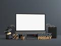 Computer desktop blank screen mockup for Black Friday offer flyer template with black and gold stuff and copy space in 3D