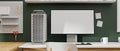 Computer device with mock-up screen in stylish working space, 3D rendering