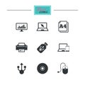 Computer devices icons. Printer, laptop signs.