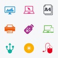 Computer devices icons. Printer, laptop signs.