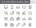 Computer devices simple line icons. Vector illustration with minimal icon - laptop, pc, smartphone, tv, monitor, tablet Royalty Free Stock Photo