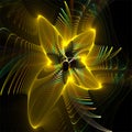 Computer digital fractal art, fantastic abstract shapes, yellow shining neon flower