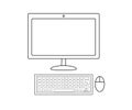 Computer display with blank white screen, keyboard, mouse. Front view. Outline vector illustration. Isolated on white Royalty Free Stock Photo