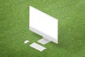 Computer display mockup on football field grass. Isometric view