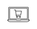 Computer display with shopping cart line icon, vector sign, linear style pictogram isolated on white. Online shoping basket symbol Royalty Free Stock Photo