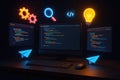 Computer displaying code with neon programming icons and paper airplanes screen monitor Royalty Free Stock Photo