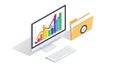 Computer displaying colorful growth chart next to a business data folder isometric view Royalty Free Stock Photo