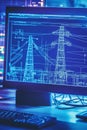Computer displaying a power grid expansion blueprint with high-voltage transmission lines in CAD software.