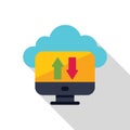 Computer displaying uploading and downloading arrows with cloud backup above