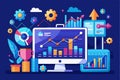 A computer displays dynamic graphs and charts for stock market analysis against a blue background, Stock market analysis trending