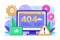 A computer displays a 404 error with gears and warning signs, surrounded by leaves in a vibrant digital design, Fixed 404 errors Royalty Free Stock Photo