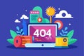 A computer displays a 404 error, surrounded by vibrant graphics including plants, clouds, and sun, creating a playful atmosphere Royalty Free Stock Photo