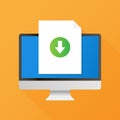 Computer and download file icon. Document downloading concept. Trendy flat design graphic with long shadow.