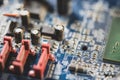 Computer electronics manufacturing industry, motherboard complex circuitry, generic circuit board electrical parts components Royalty Free Stock Photo