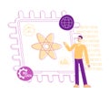 Computer Engineer Male Character Pointing on Atom Symbol at Huge Microchip and Binary Code. Ai Technology