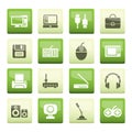 Computer equipment and periphery icons over green background