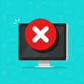 Computer with error alert vector illustration, flat cartoon desktop pc and warning icon, alarm or attention message