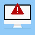 Computer with error or red sign attention danger error message device screen blue background with shadow warning icon. Flat design Royalty Free Stock Photo