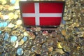 Flag of Denmark on the laptop screen and many bitcoins. National cryptocurrency regulations and crypto mining concepts