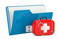 Computer folder icon with USB flash drive, service and recovery, first aid concept. 3D rendering