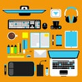 Computer gadgets top view. Vector promotional pictures set in flat style Royalty Free Stock Photo