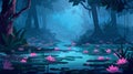 Computer game background, fantasy mystic scenery view with wild pond covered with ooze, Cartoon modern illustration Royalty Free Stock Photo