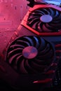 Computer game graphics card, videocard with two coolers on circuit board ,motherboard background. Close-up. With red-blue lighting Royalty Free Stock Photo