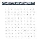 Computer games genres vector line icons set. Simulation, Shooter, Adventure, Puzzle, Strategy, Platformer, Racing