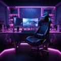 Computer gaming pc on gaming table in dark room with neon purple lights and gaming chair 3d illustration