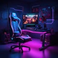 Computer gaming pc on gaming table in dark room with neon purple lights and gaming chair 3d illustration