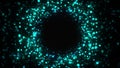 Computer generated abstract background. Random flow of colored round particles forms a vortex. 3D rendering of spinning