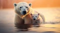 Polar bear with her baby. Melting iceberg and global warming Royalty Free Stock Photo
